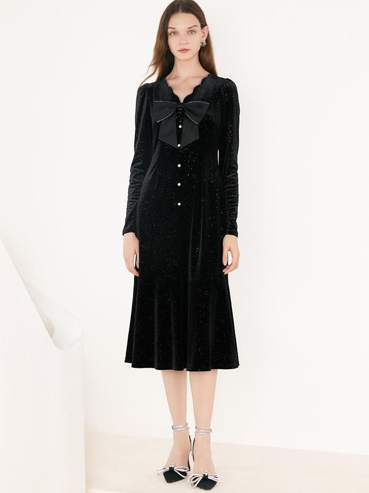 V-Neck Detachable Bowknot Velvet Midi Dress GOELIA