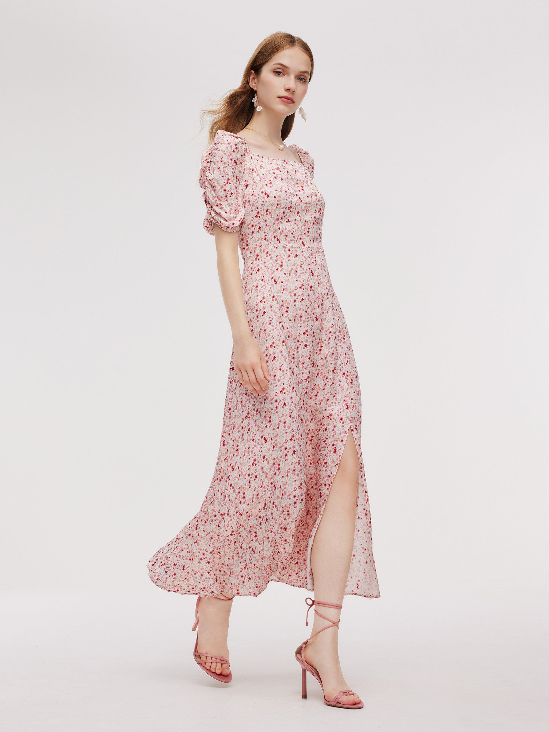 Floral Print Side Slit Women Ruched Sleeve Maxi Dress GOELIA