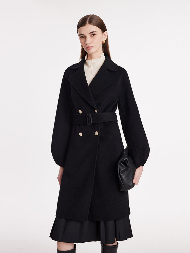 Double-Faced Wool Lapel Lantern Sleeve Women Coat GOELIA