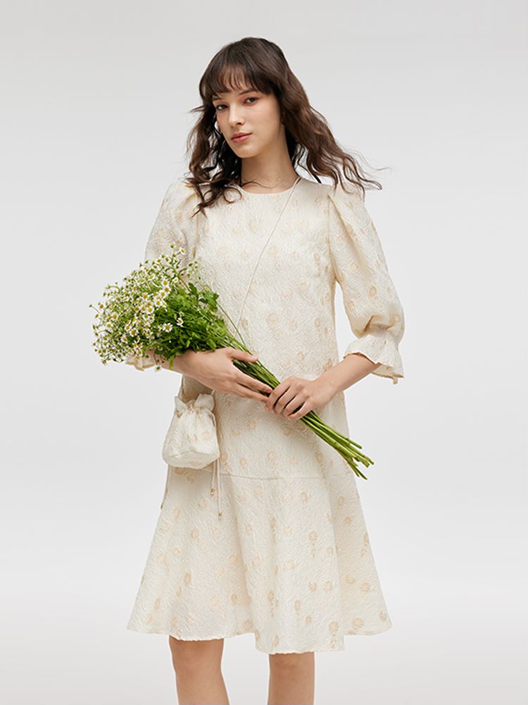 Jacquard A-Line Ruffle Women Midi Dress With Bag GOELIA