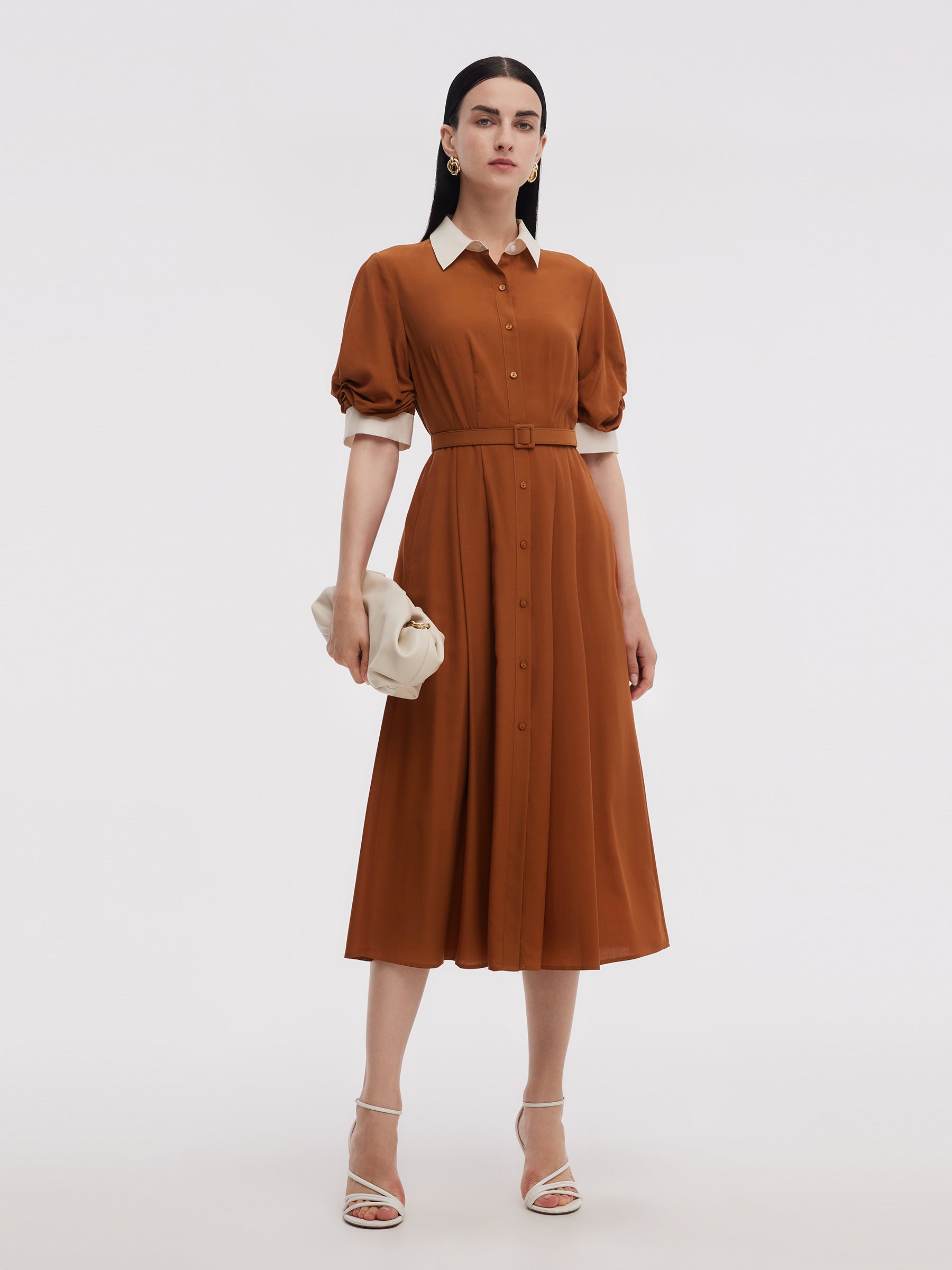 Tencel Acetate Blend Color Block Women Midi Dress GOELIA