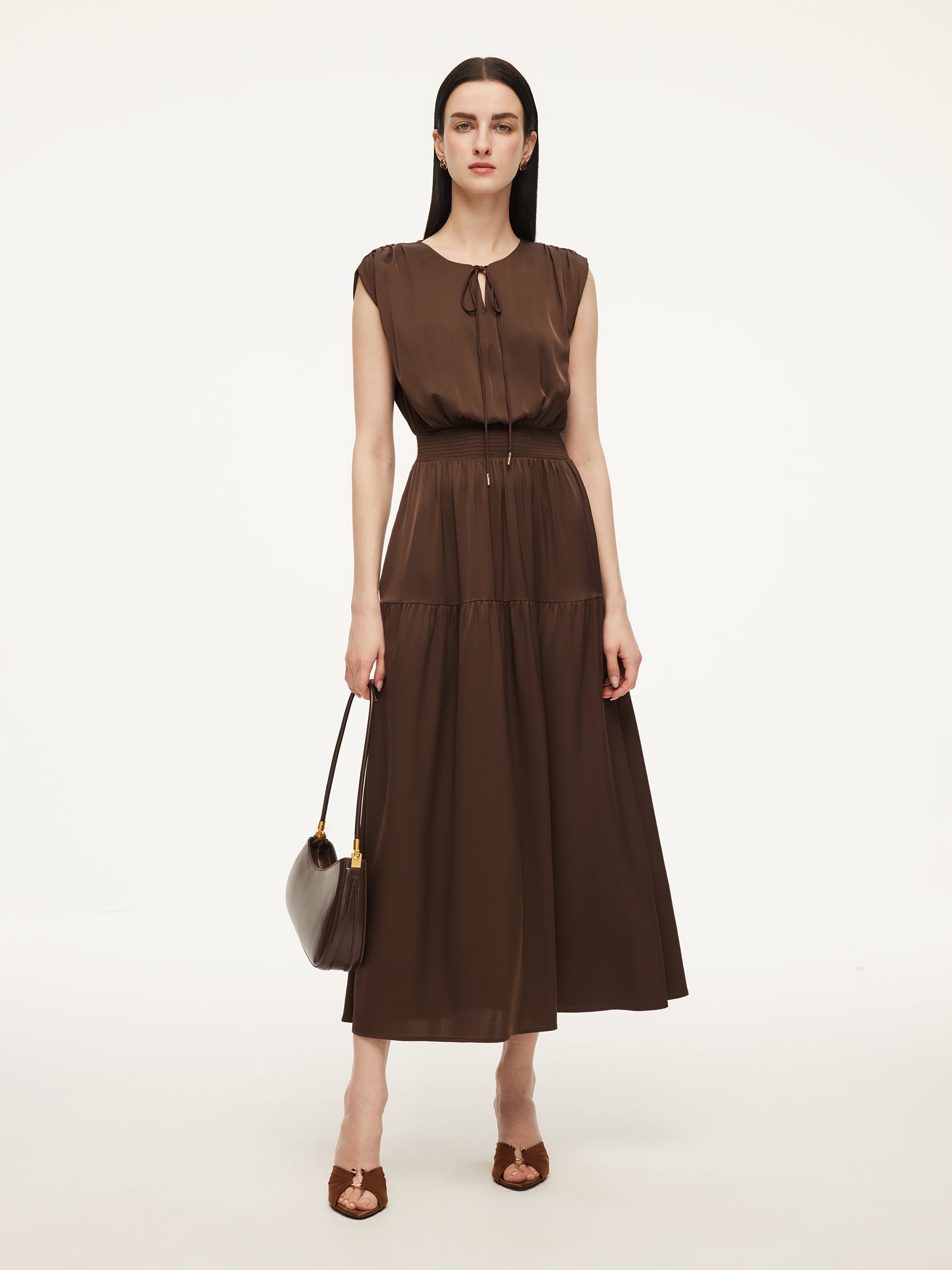 mulberry silk dress 22MM Mulberry Silk Smocked Waist Women Maxi Dress, Dark Brown / XS