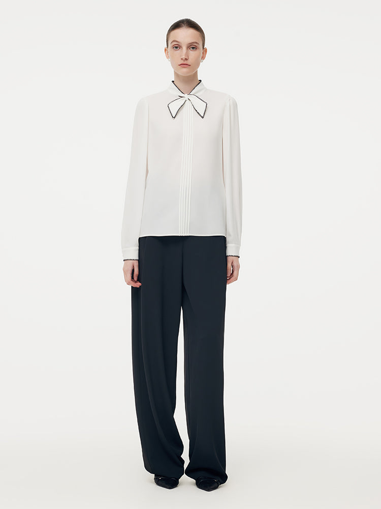 Acetate Contrast Bow Pleat Front Women Shirt GOELIA