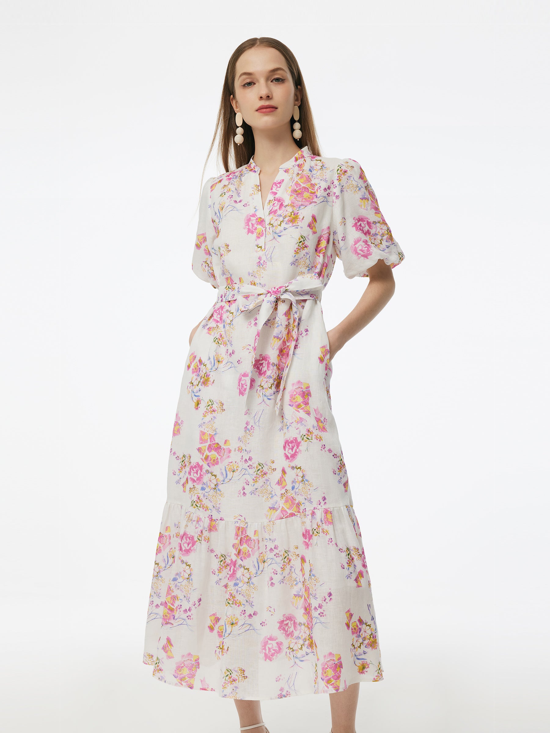100% Linen Rose Print Women Maxi Dress With Belt GOELIA
