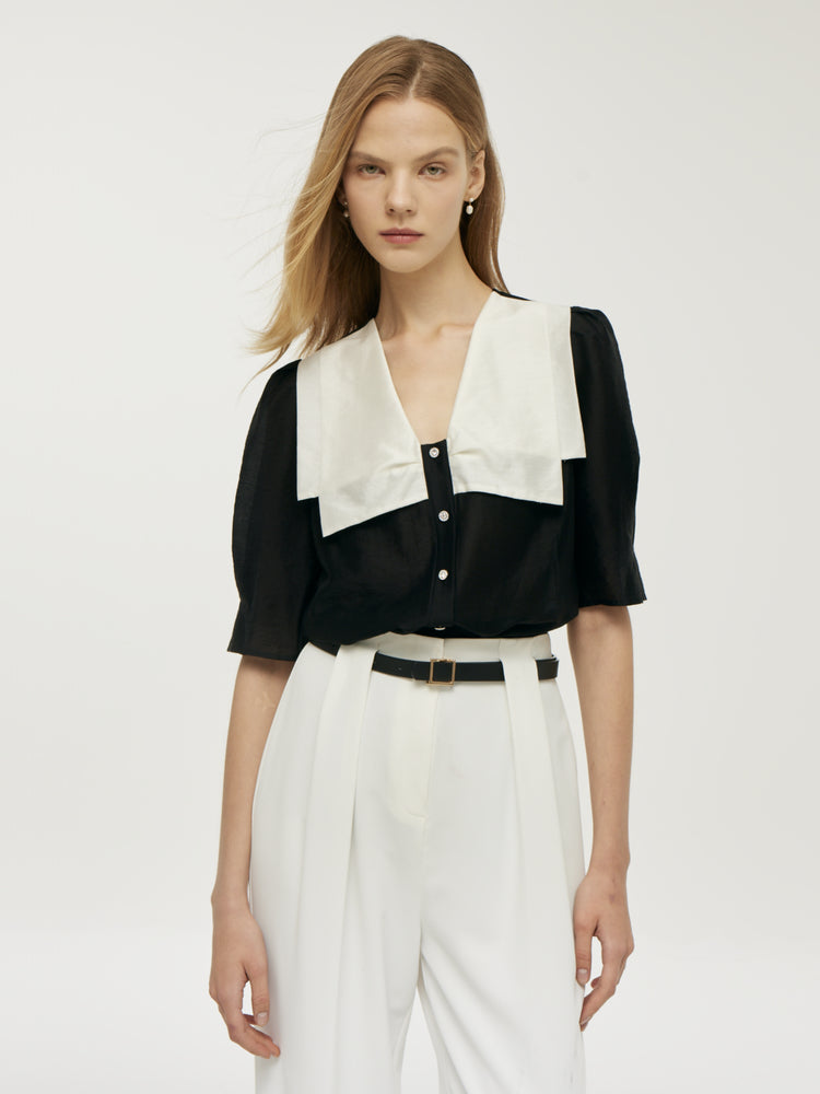 Tencel Patchwork Lapel Women Shirt GOELIA