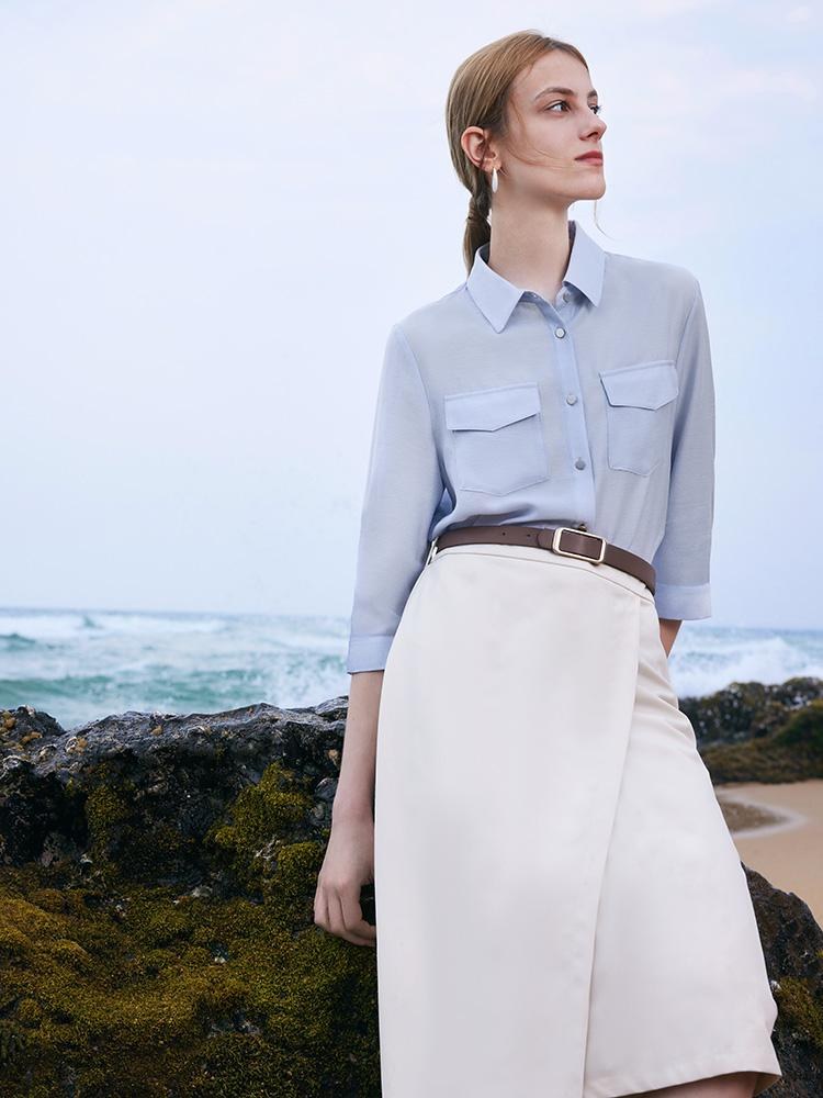 Acetate Shirt And Half Women Skirt Two-Piece Set With Leather Belt GOELIA