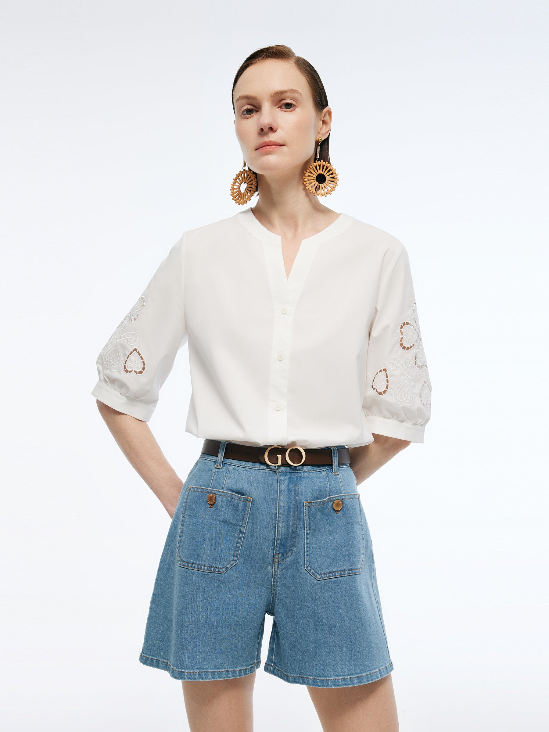 Openwork Embroidered Women Volume Sleeve Shirt GOELIA