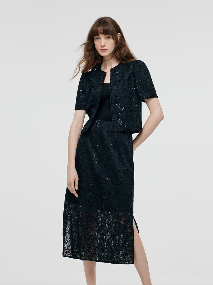 Lace Sequins Crop Jacket And Slit Skirt Two-Piece Set GOELIA