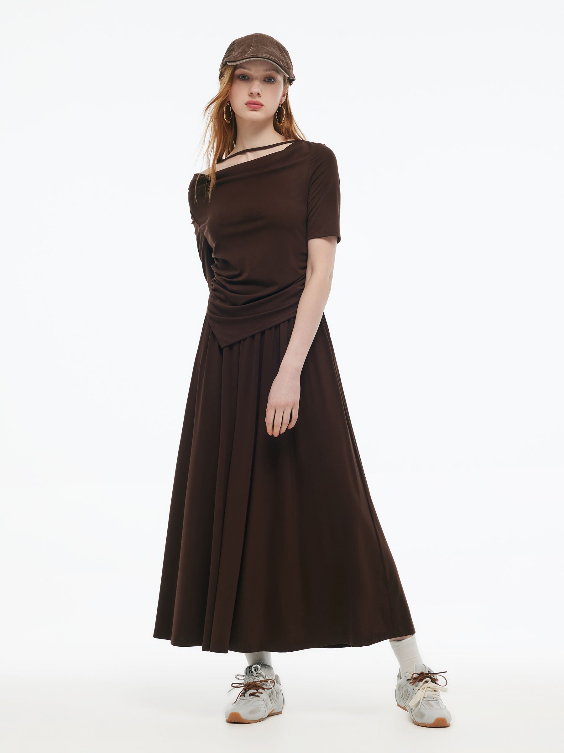Tencel Blend Stretchy Knit Top And A-Line Skirt Two-Piece Set GOELIA