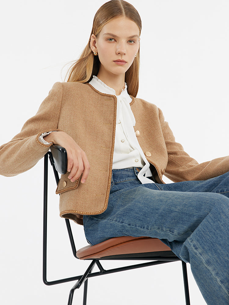 Washable Wool Round Neck Single-Breasted Women Jacket GOELIA