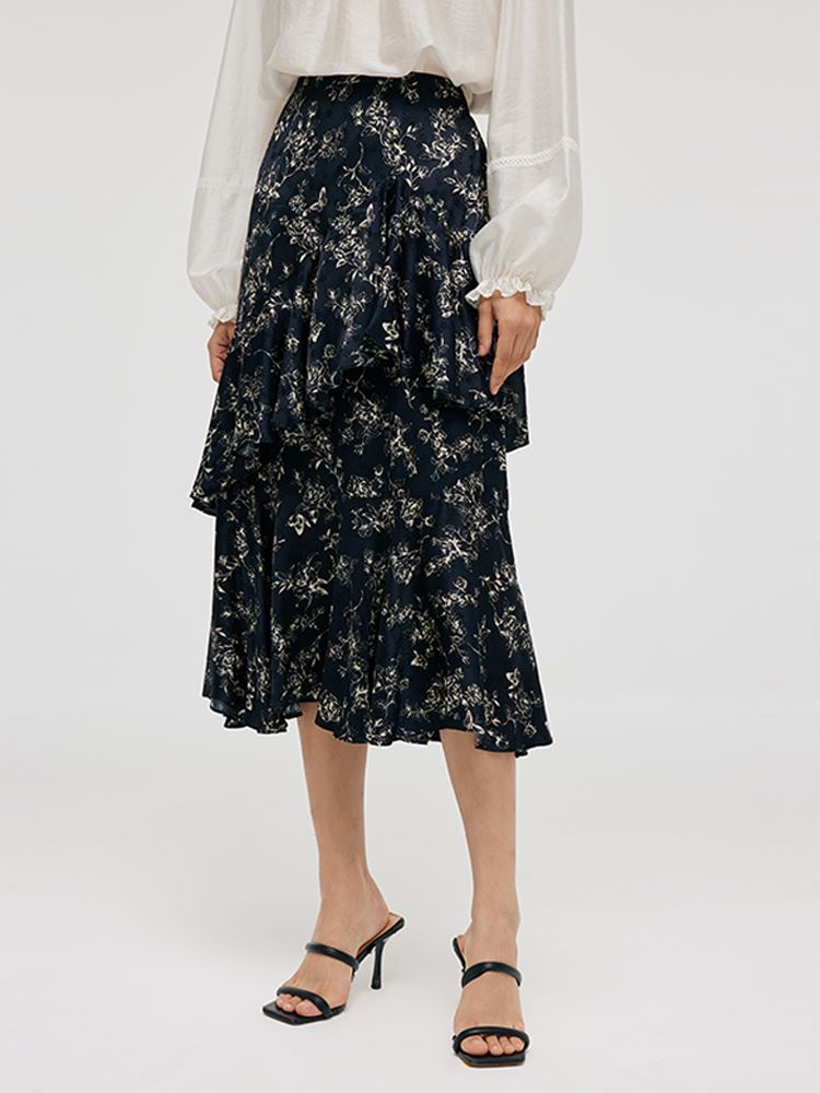 Floral Printed Ruffle Trim Women Half Skirt GOELIA