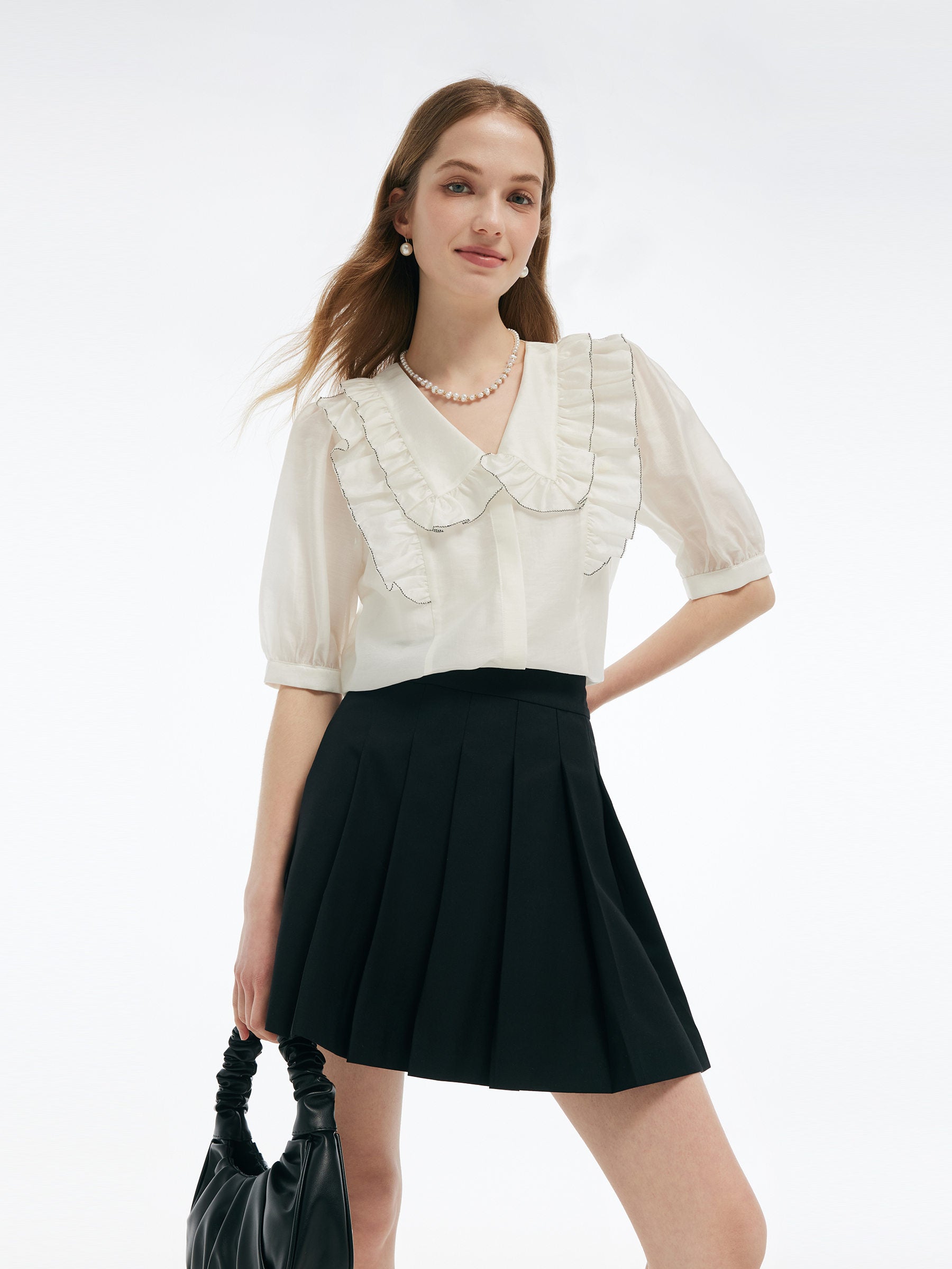 Tencel Blend Ruffle V-Neck Women Shirt With Layered Camisole GOELIA