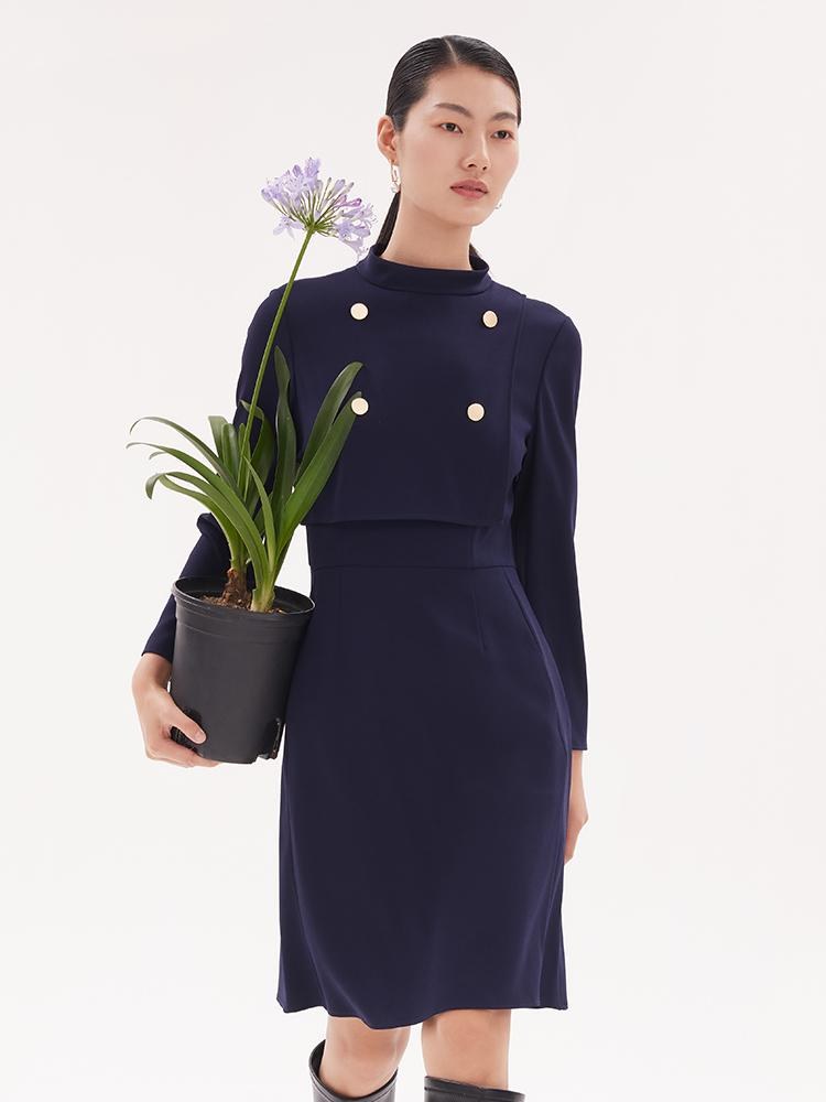 Triacetate Stand Collar Gathered Waist Midi Dress GOELIA