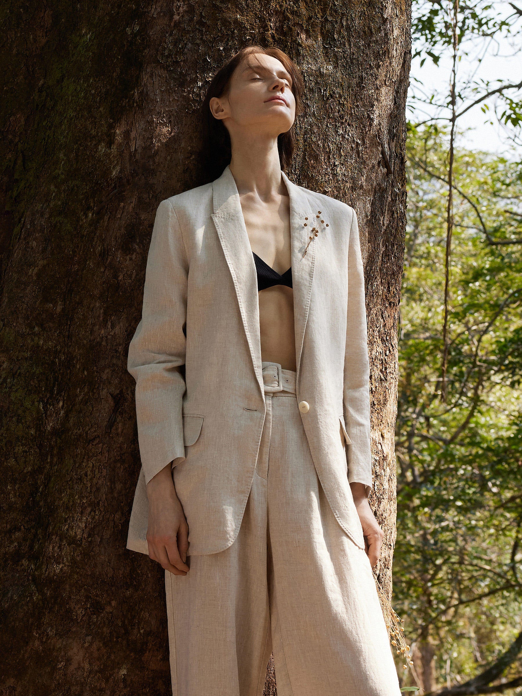 100% Linen Back Slit Women One Button Blazer GOELIA