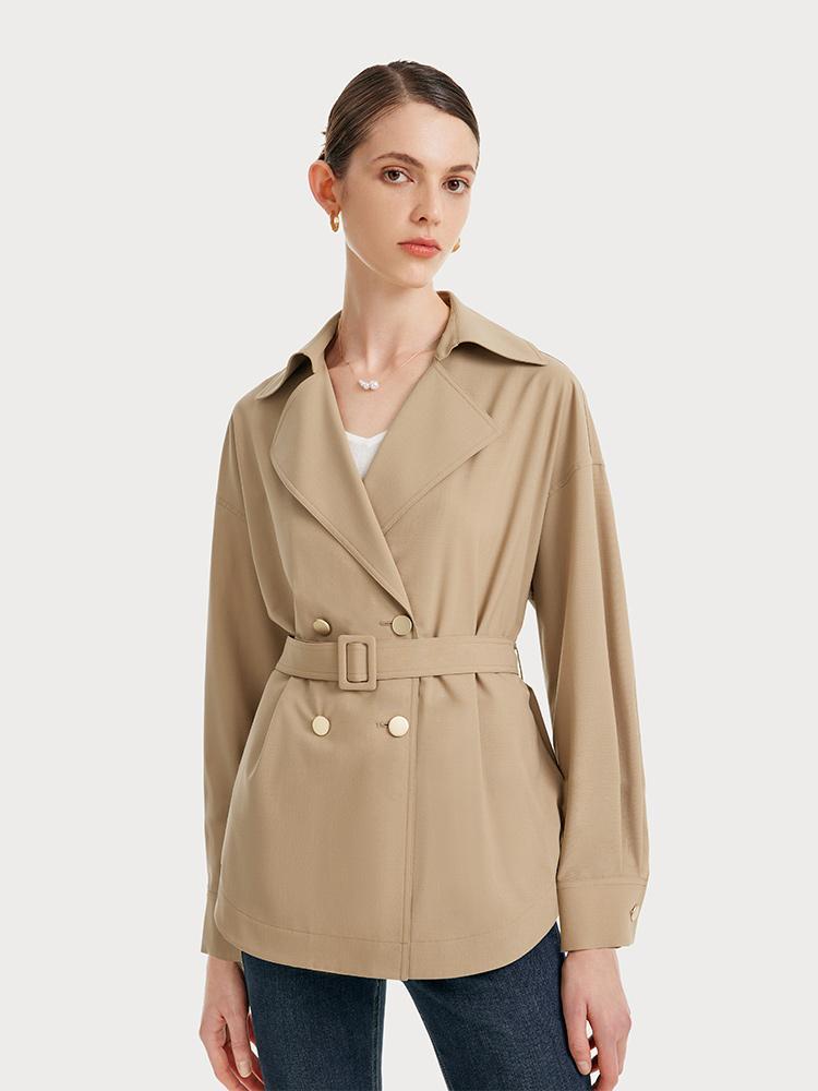 Machine Washable Silk And Woolen Short Trench Coat With Belt GOELIA