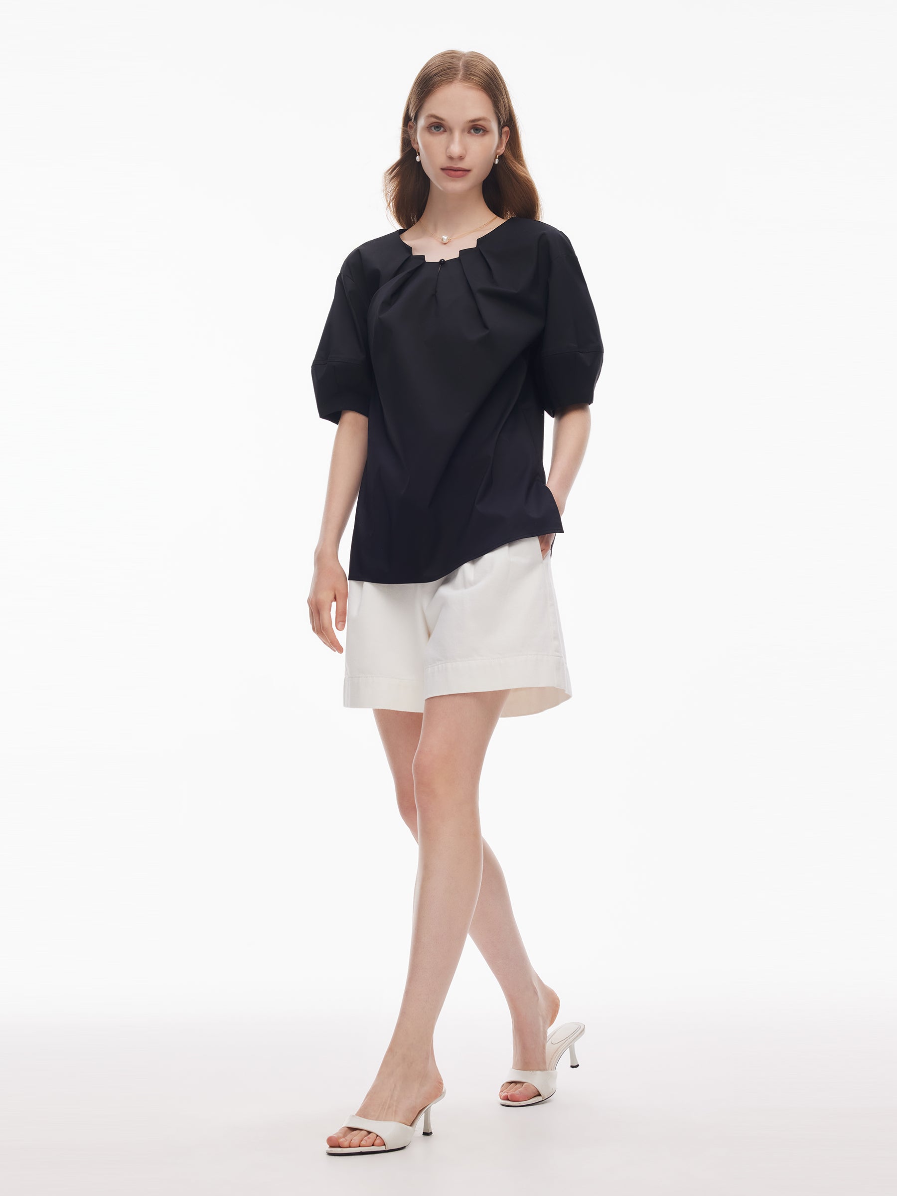 Pleated Neck Women Side Slit Top GOELIA