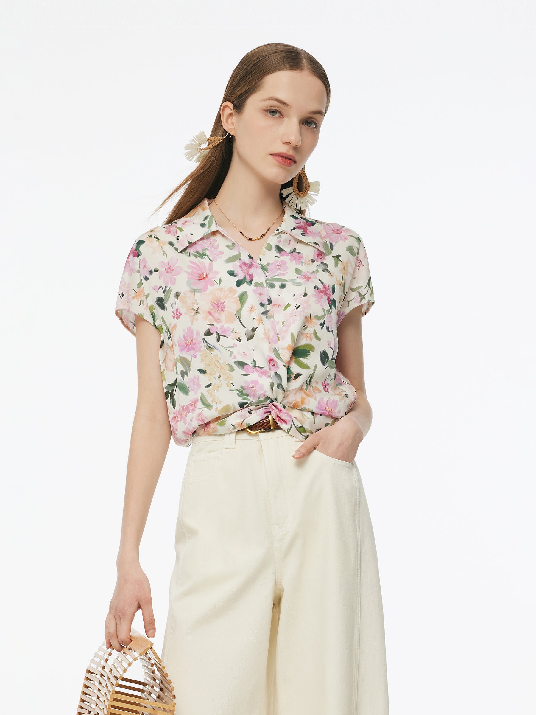19MM Mulberry Silk Floral Print Women Twist Front Top GOELIA