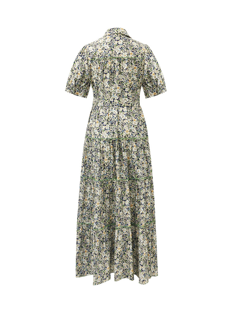 Floral Printed Lapel Tiered Women Midi Dress With Belt GOELIA