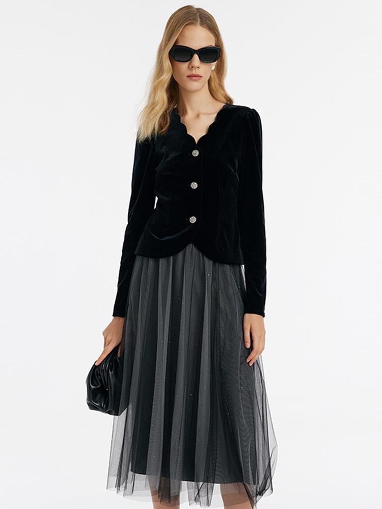 V-Neck Velvet Top And Tulle Skirt Two-Piece Set GOELIA