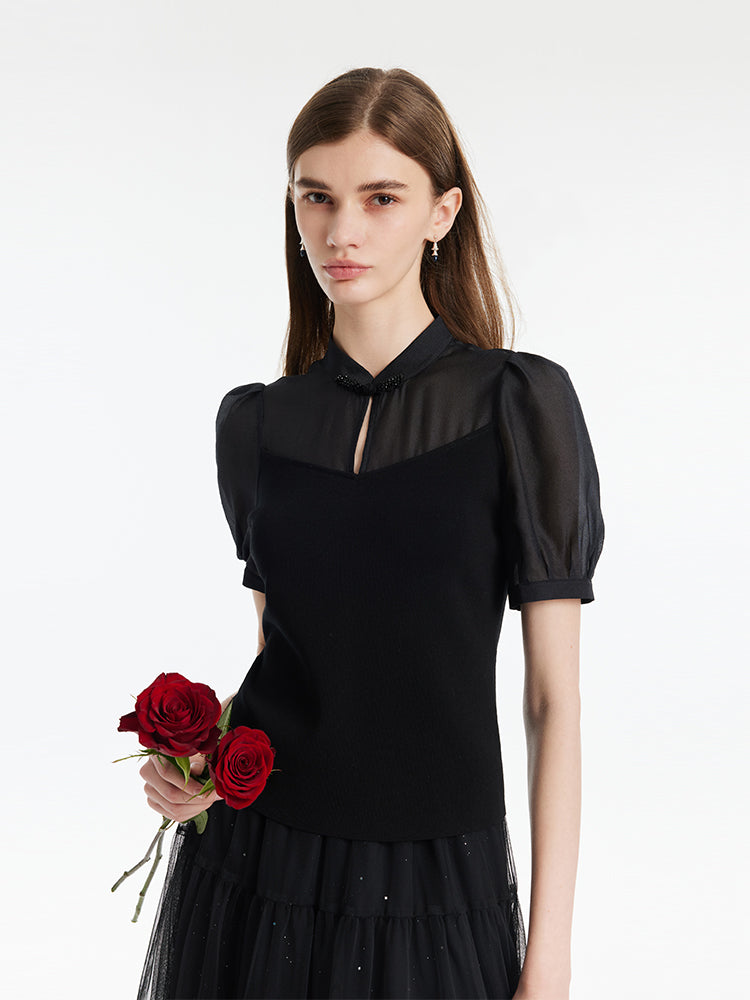 Mandarin Collared Patchwork Women Knit Top GOELIA
