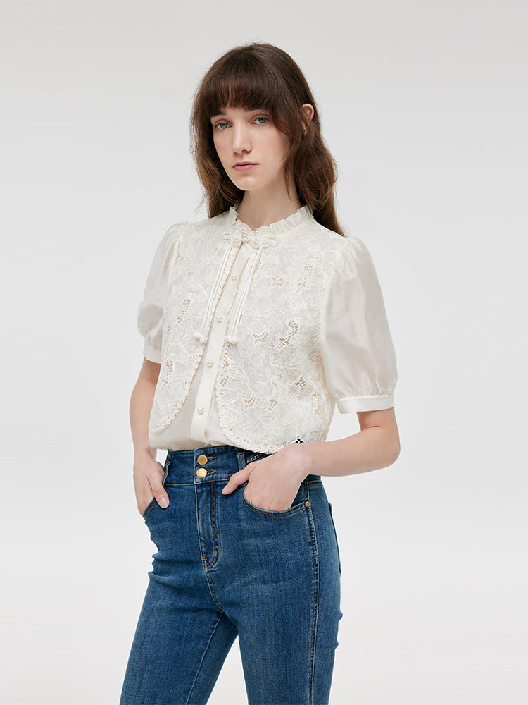 New Chinese-Style Lace Sequins Patchwork Women Blouse GOELIA