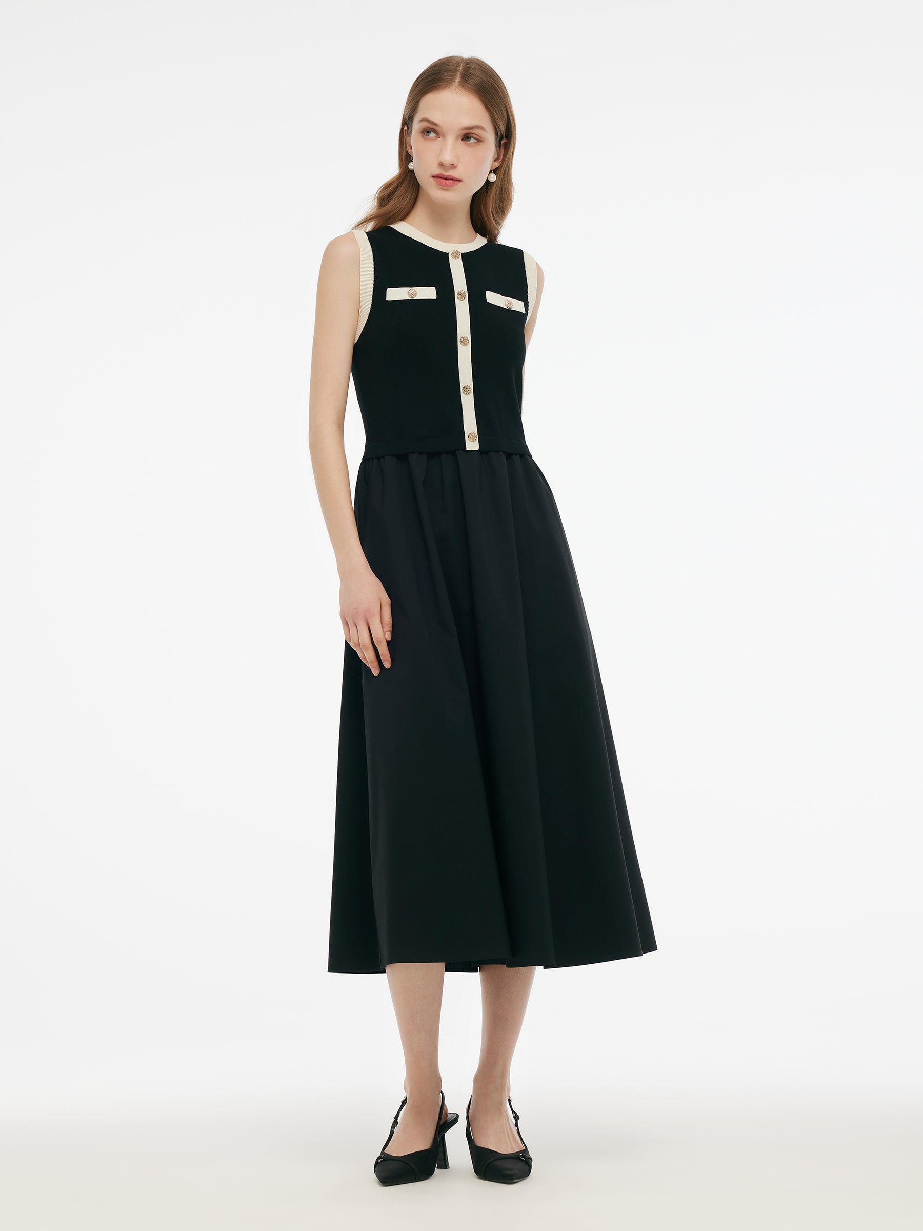 Lyocell Contrast Trim Patchwork Women Vest Midi Dress GOELIA