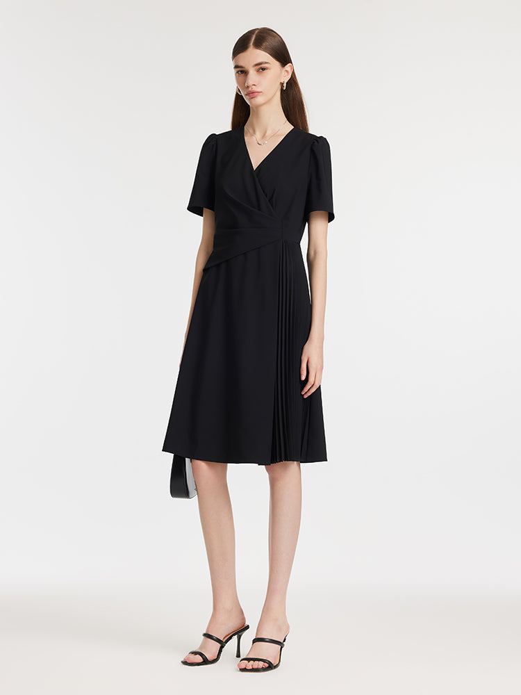 V-Neck Patchwork Pleated Women Mini Dress GOELIA