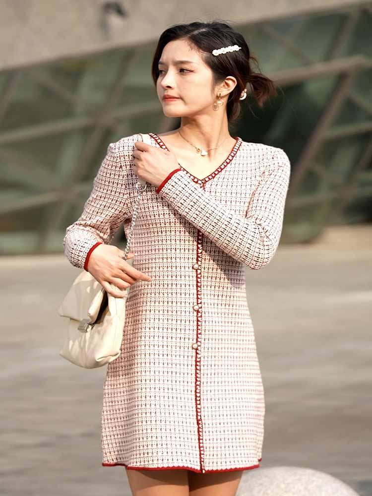 Tweed V-Neck Knit Dress GOELIA