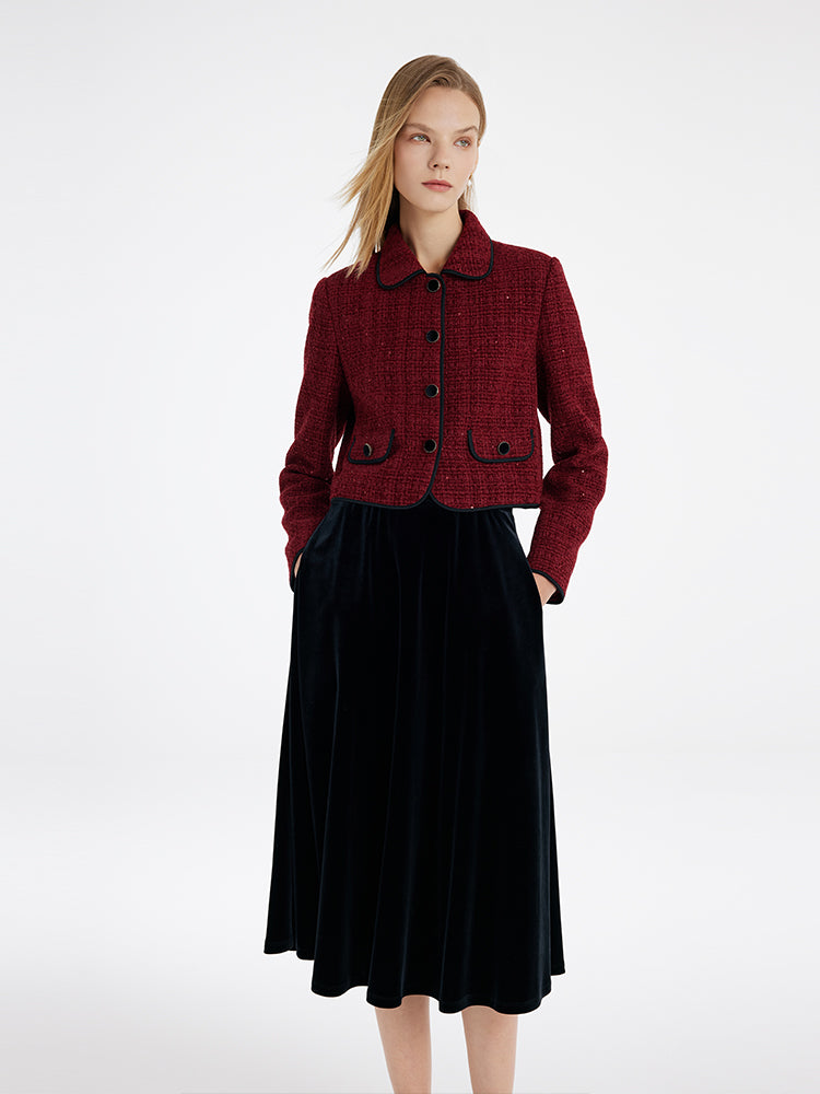 Tweed Jacket And Velvet Skirt Two-Piece Set With Detachable Bowknot GOELIA