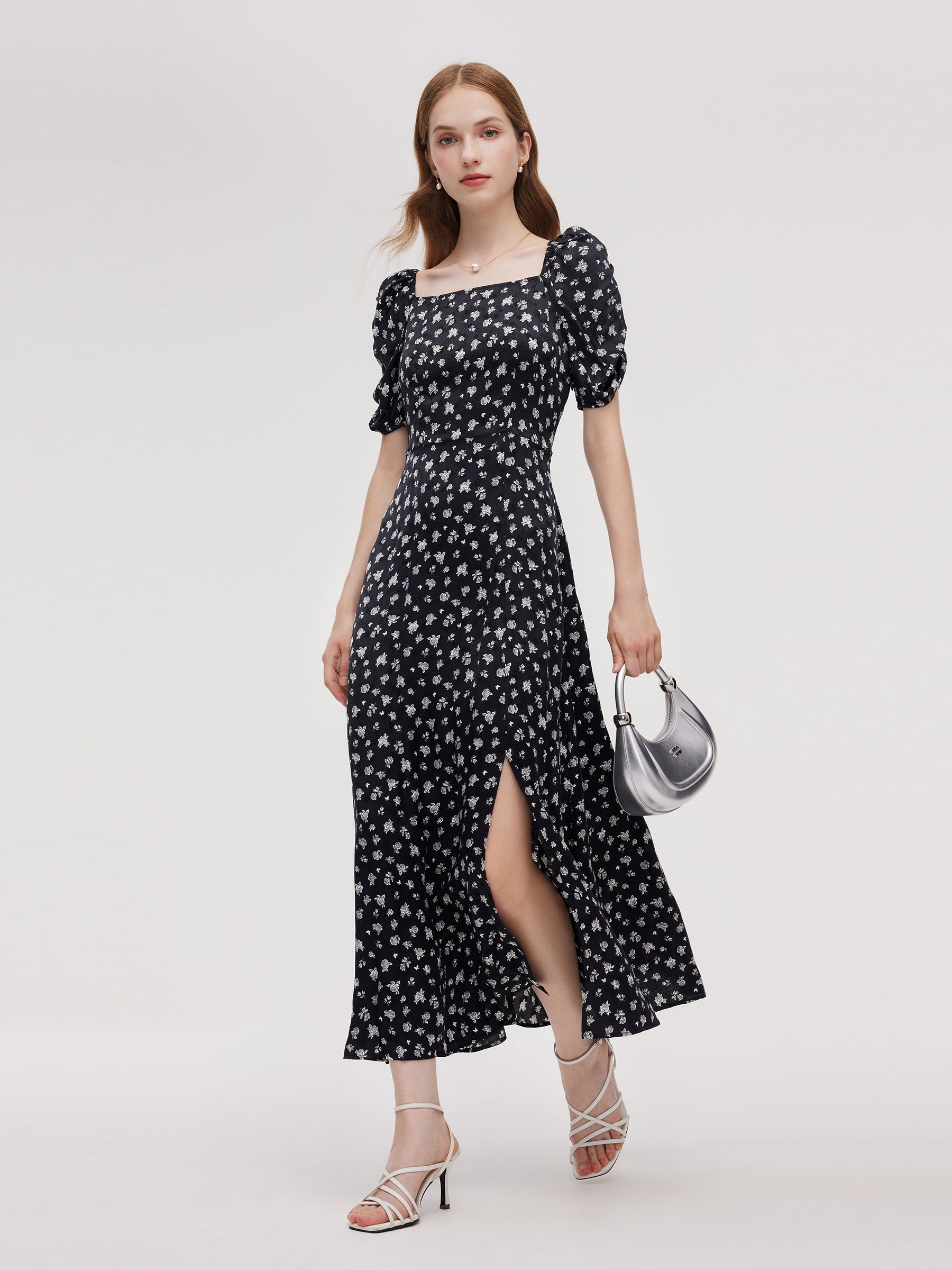 Floral Print Square Neck Women Side Slit Maxi Dress GOELIA