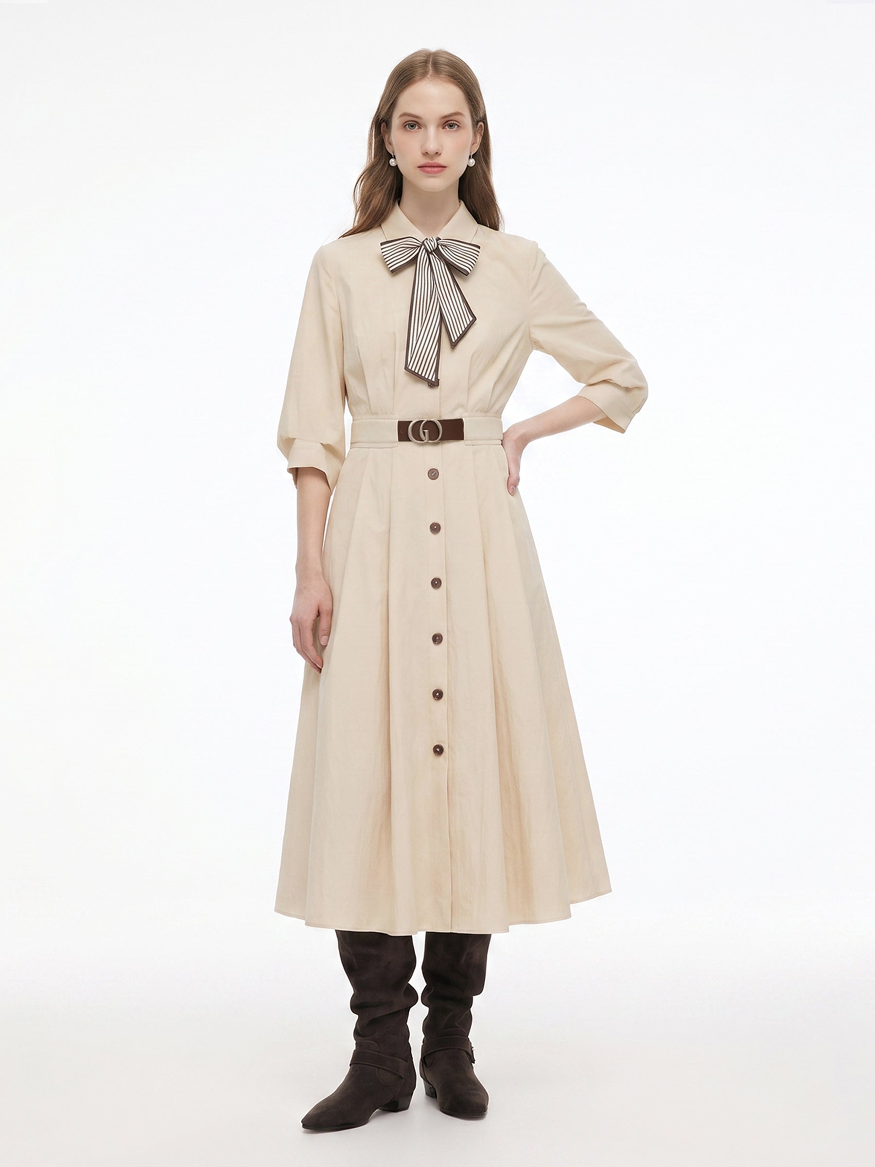 Cotton Blend 3/4 Ruched Sleeve Women Belted Maxi Shirt Dress With Silk