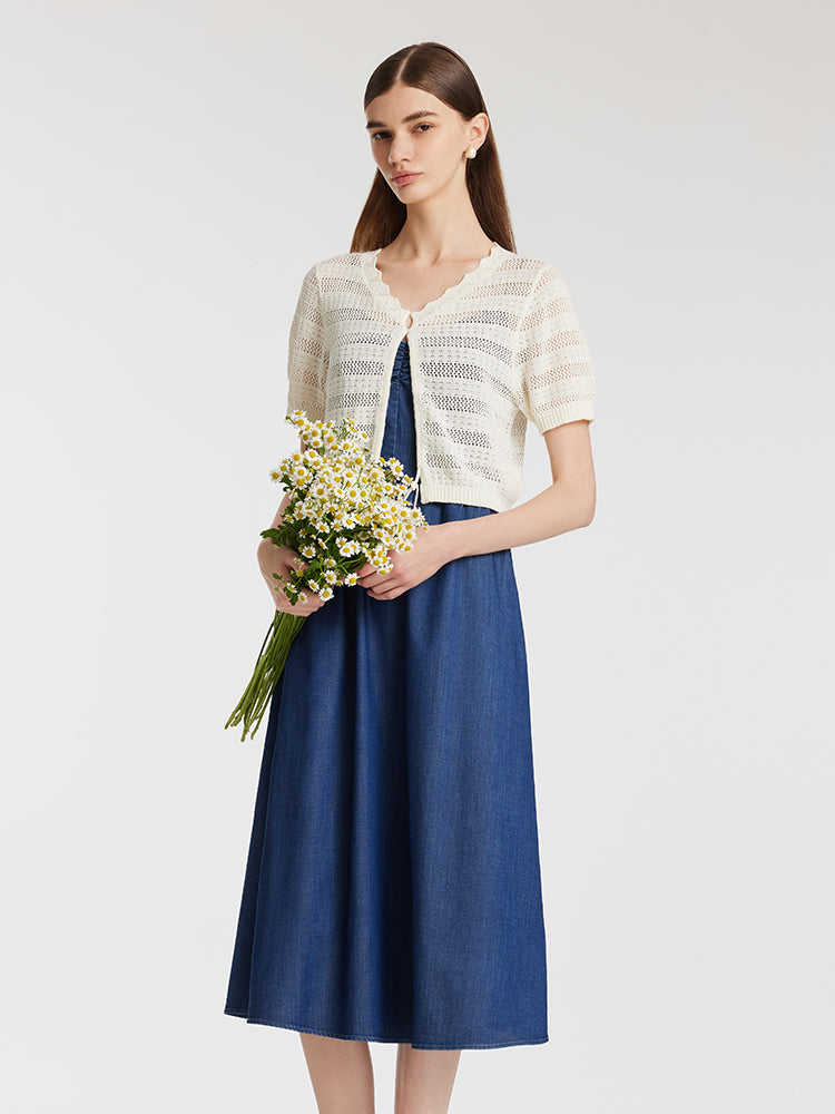 Openwork Drawstring Cardigan And Denim Spaghetti Strap Dress Two-Piece Set GOELIA