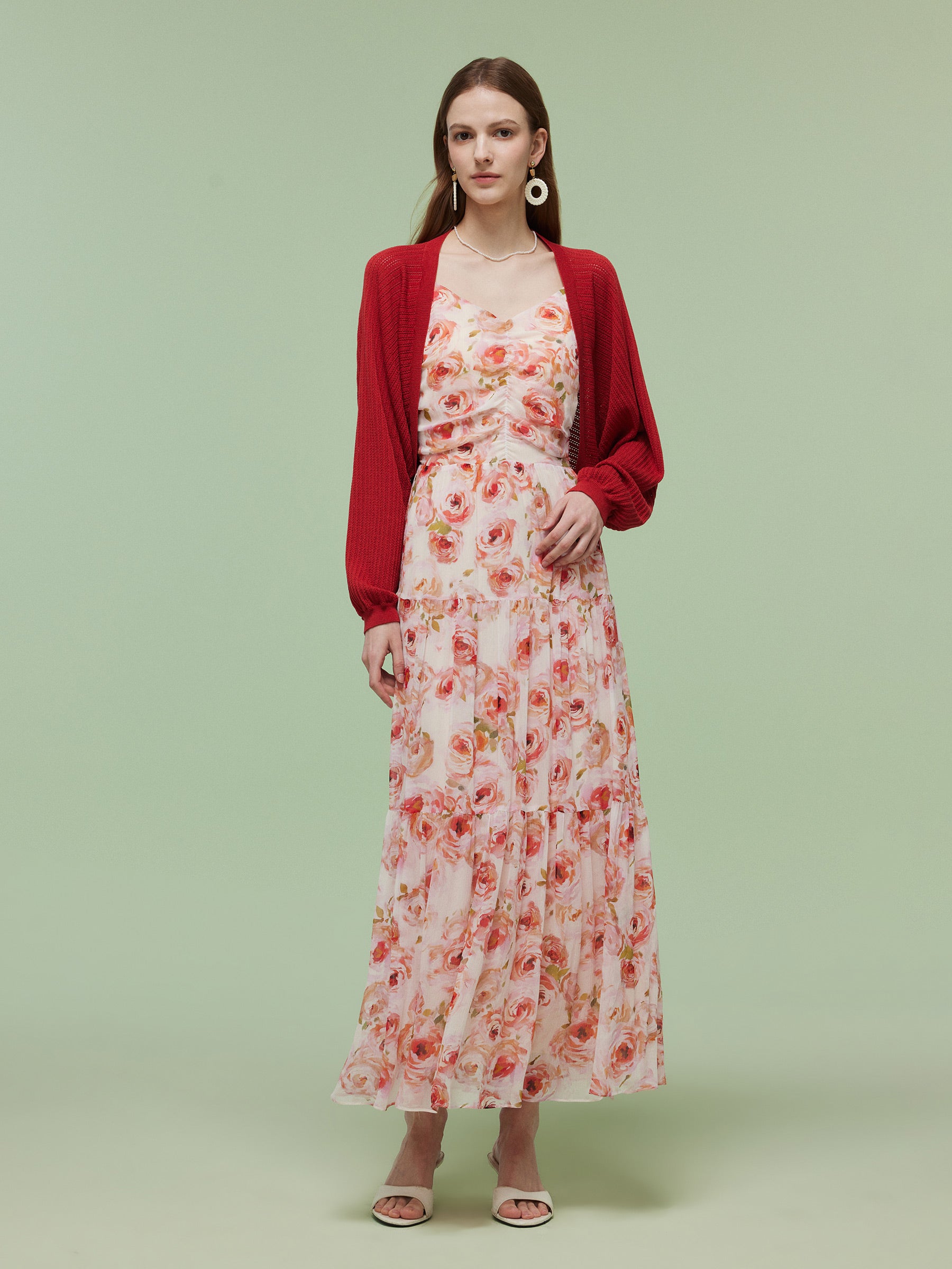 10MM Mulberry Silk Rose Print Strap Maxi Dress And Cardigan Two-Piece Set GOELIA