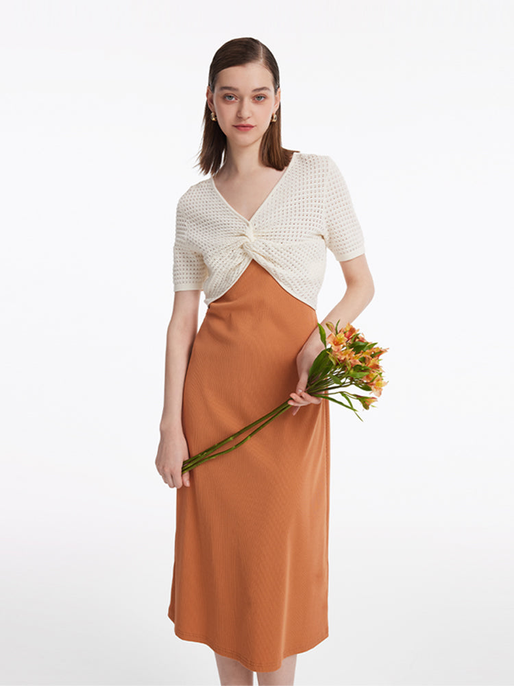 Twist Openwork Knit Top And Spaghetti Strap Dress Two-Piece Set GOELIA