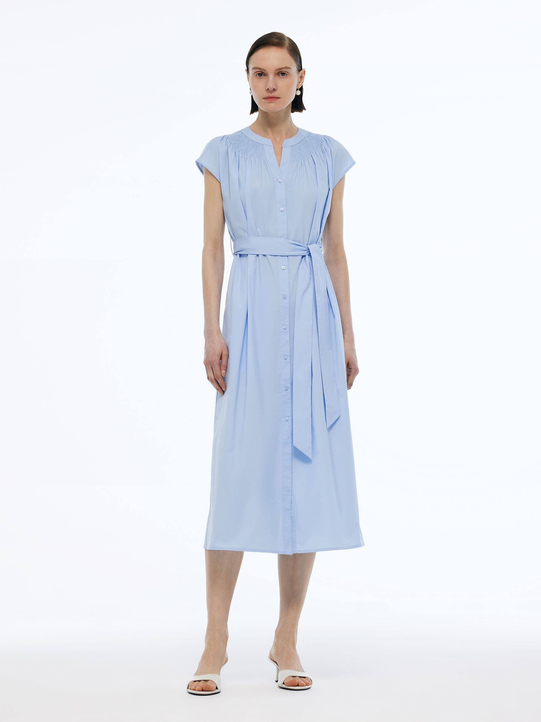 Cap Sleeve Women Tie Belt Midi Dress GOELIA