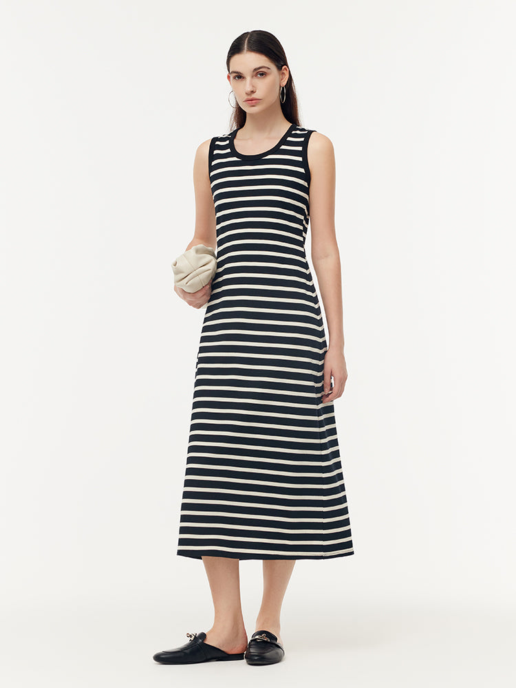 Black and White Stripe Women Knit Vest Maxi Dress, Black and White Stripe / Xs
