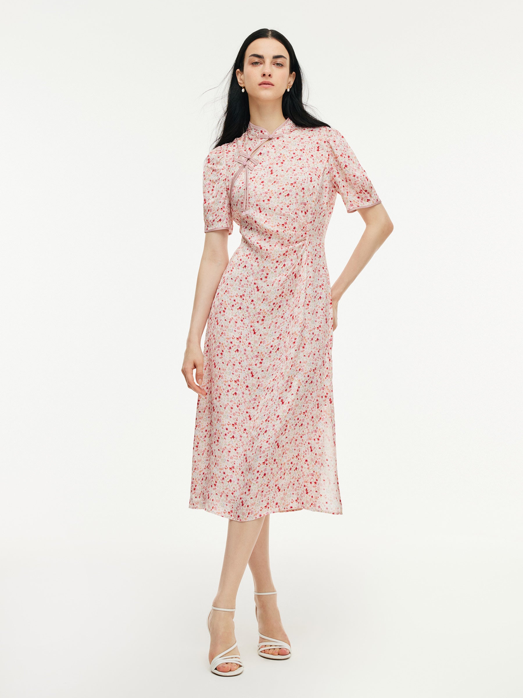 Floral Print Side Twist Women Qipao Midi Dress GOELIA