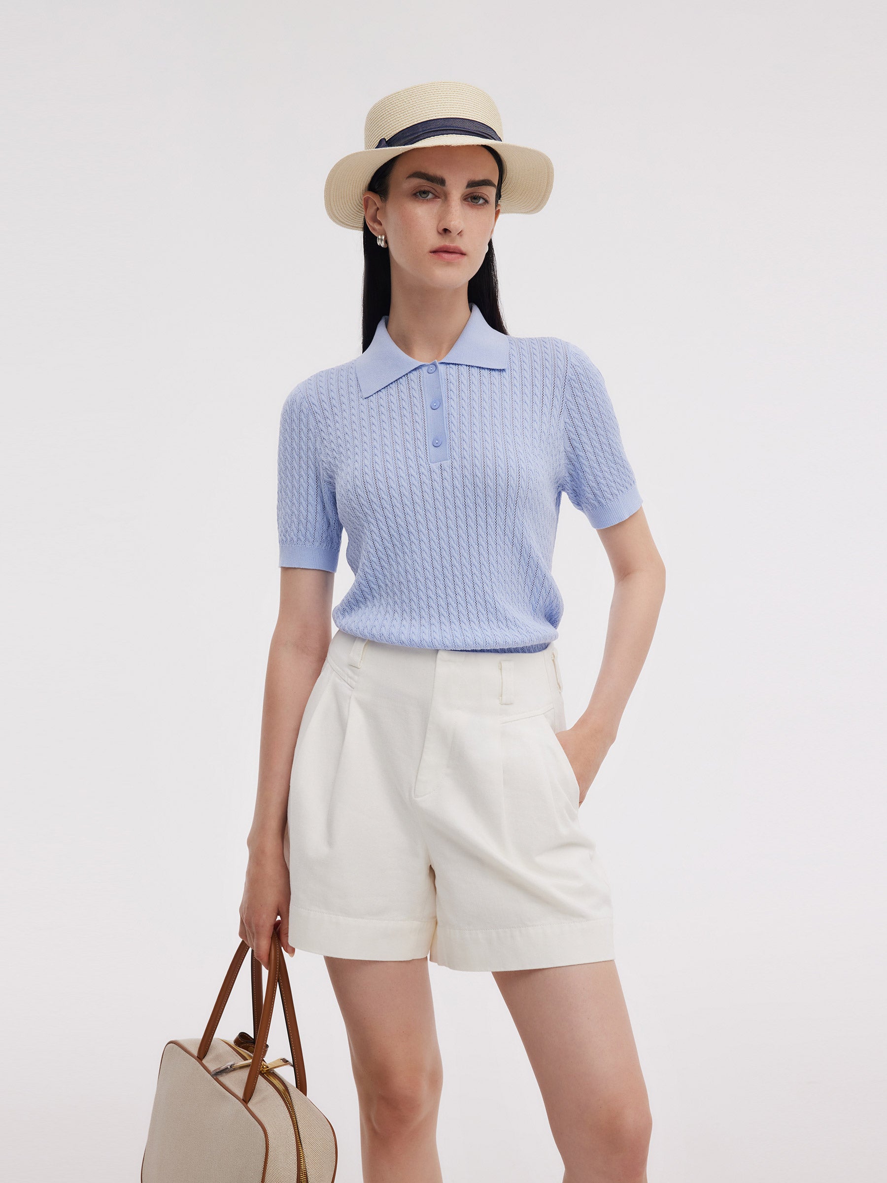 Tencel Blend Openwork Women Knit Polo Top GOELIA