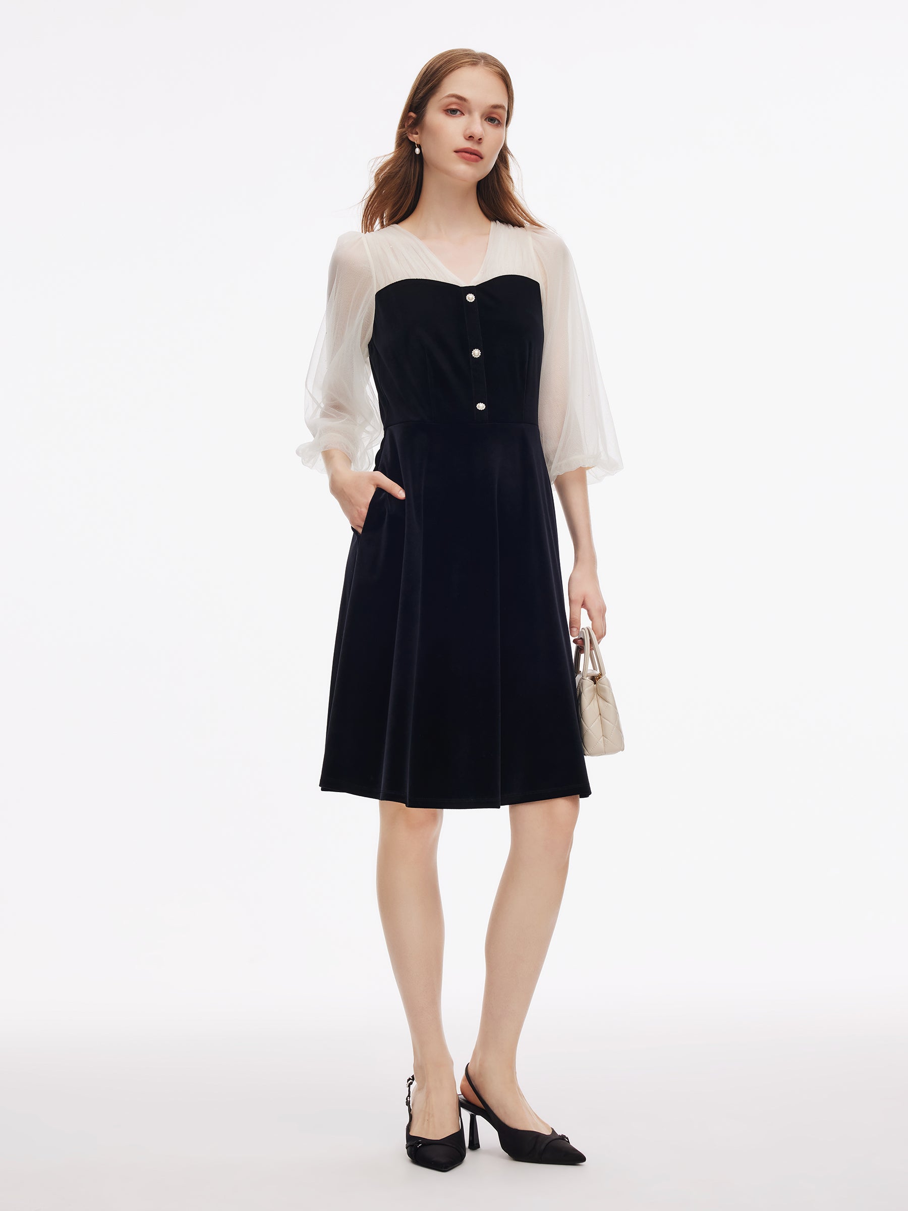 Sequined Mesh Patchwork Women Velvet Midi Dress GOELIA