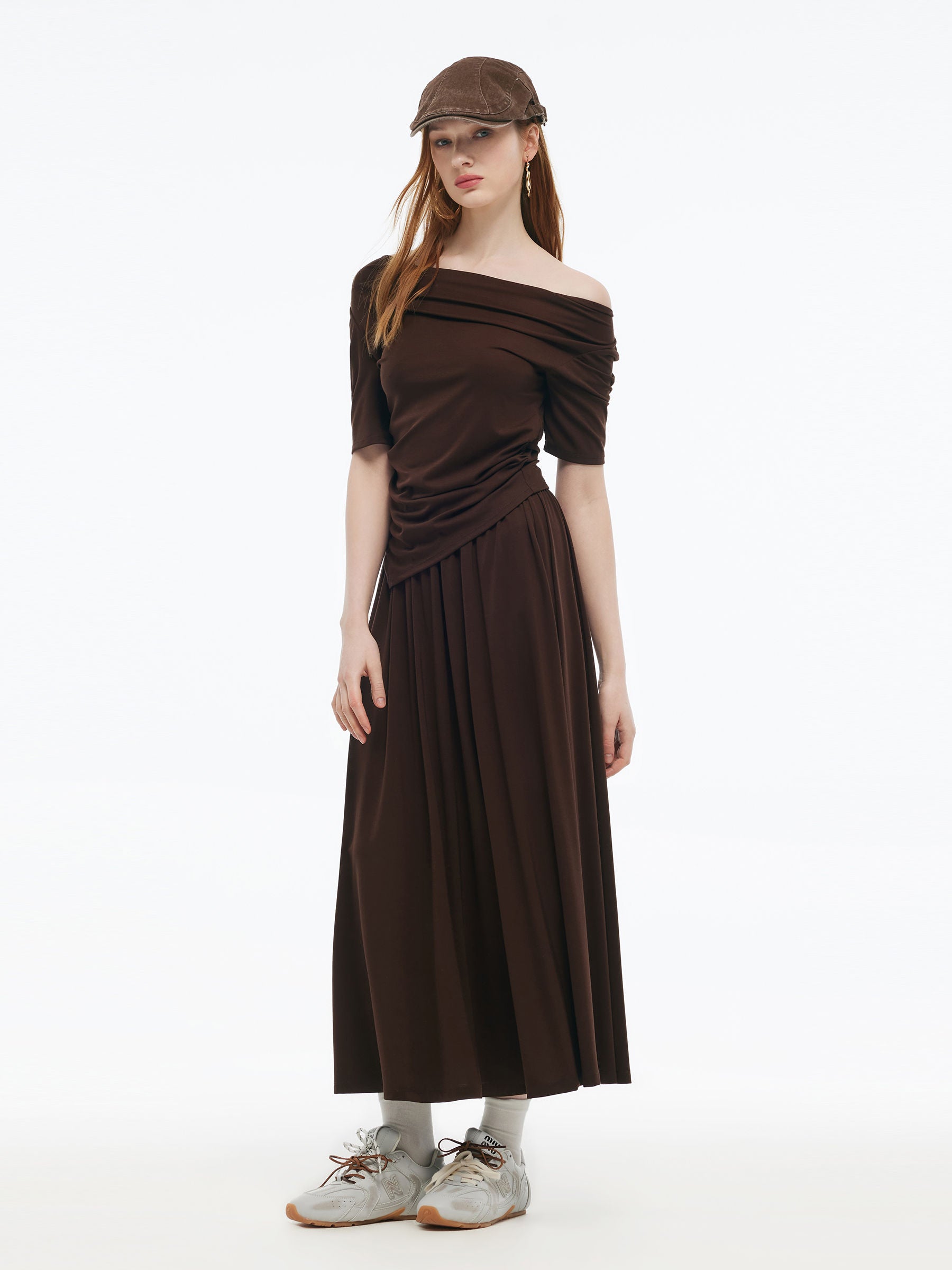 Tencel Blend Stretchy Knit Top And A-Line Skirt Two-Piece Set GOELIA