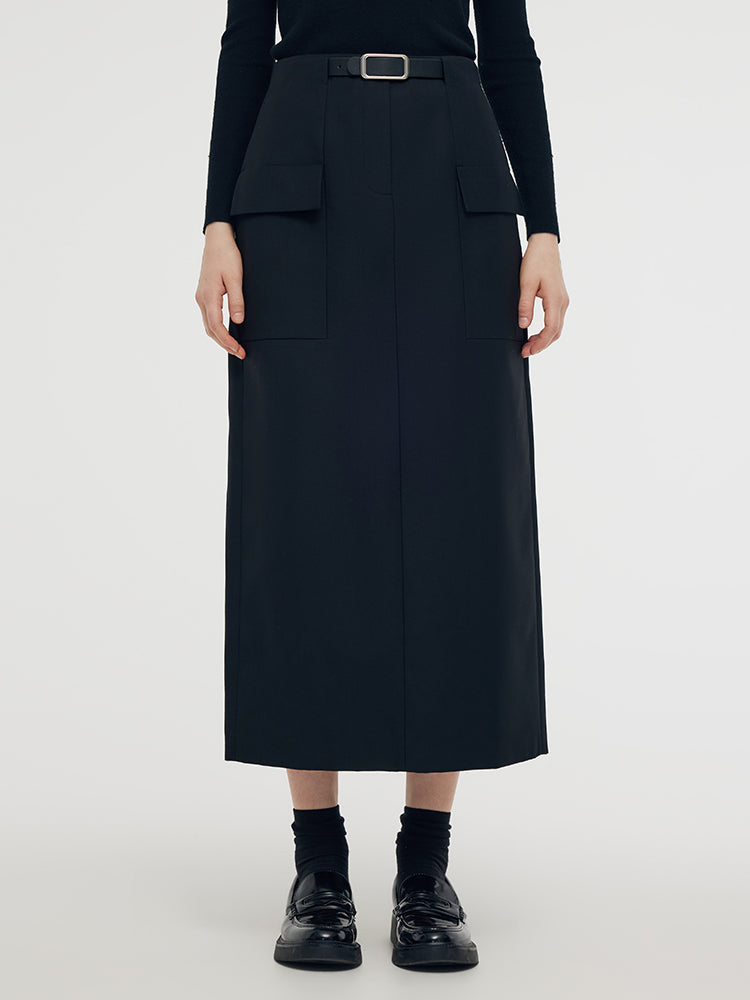 Back Slit Women Column Midi Skirt With Belt GOELIA