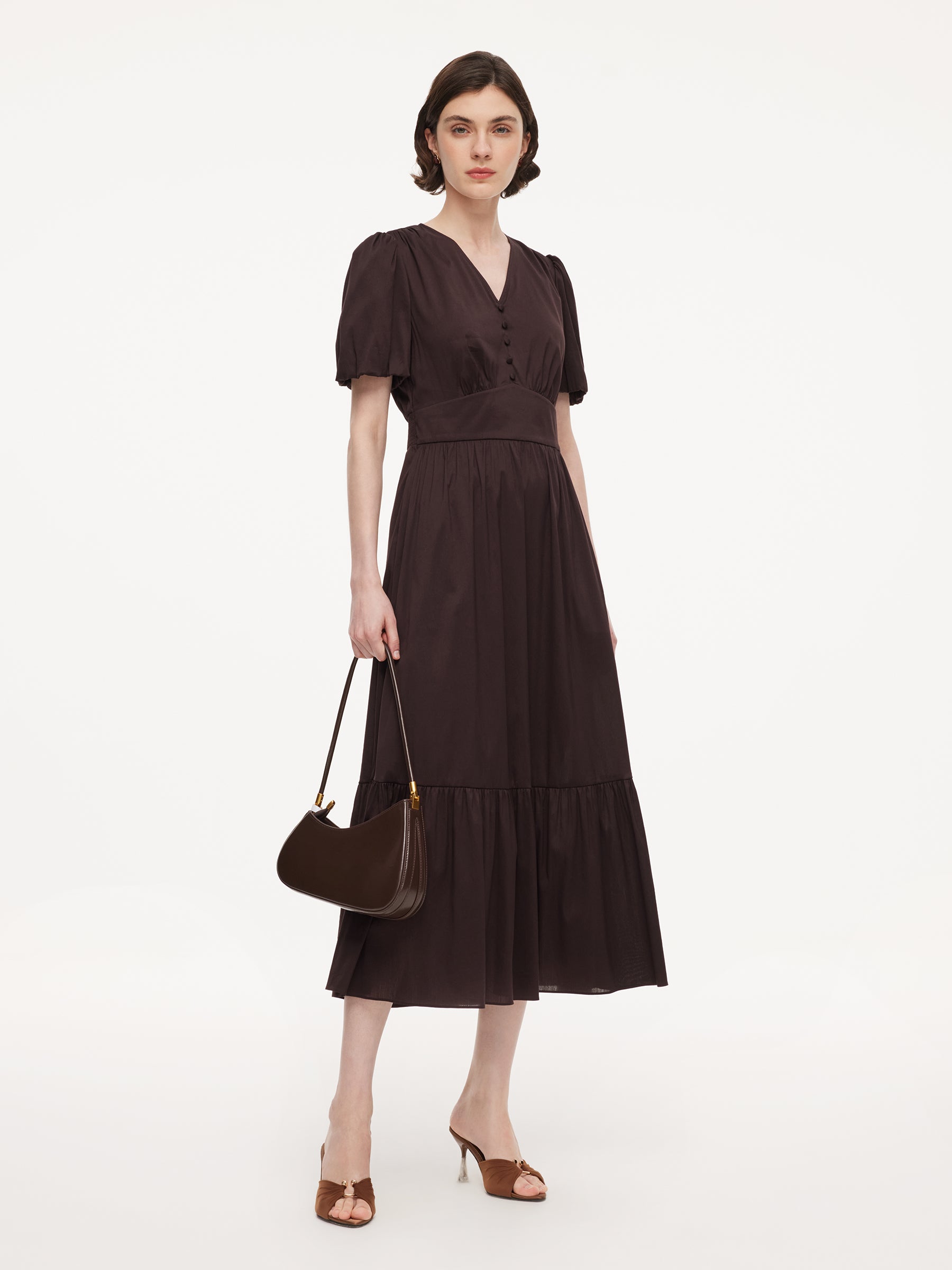 Cotton Blend V-Neck Women A-Line Tiered Maxi Dress, Dark Brown / XS