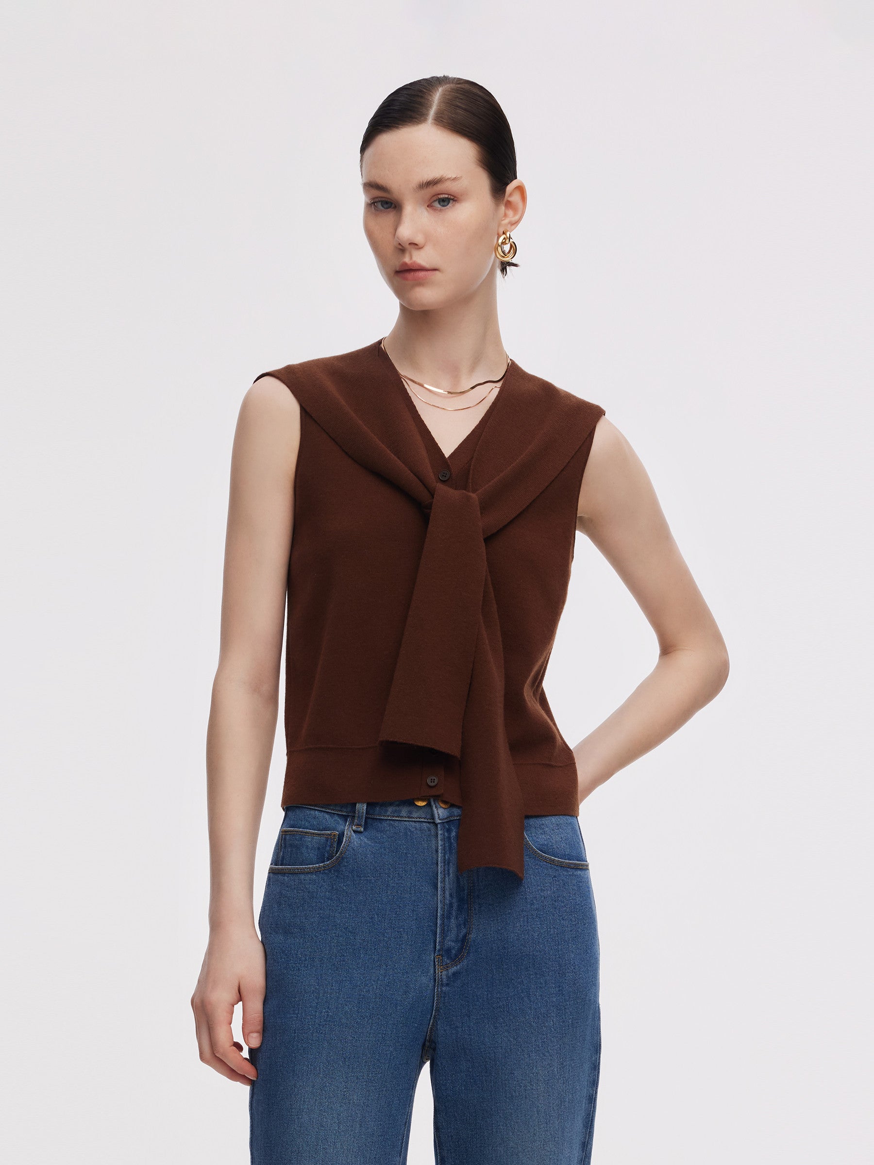 Tencel Blend Knit Vest And Shawl Two-Piece Set GOELIA