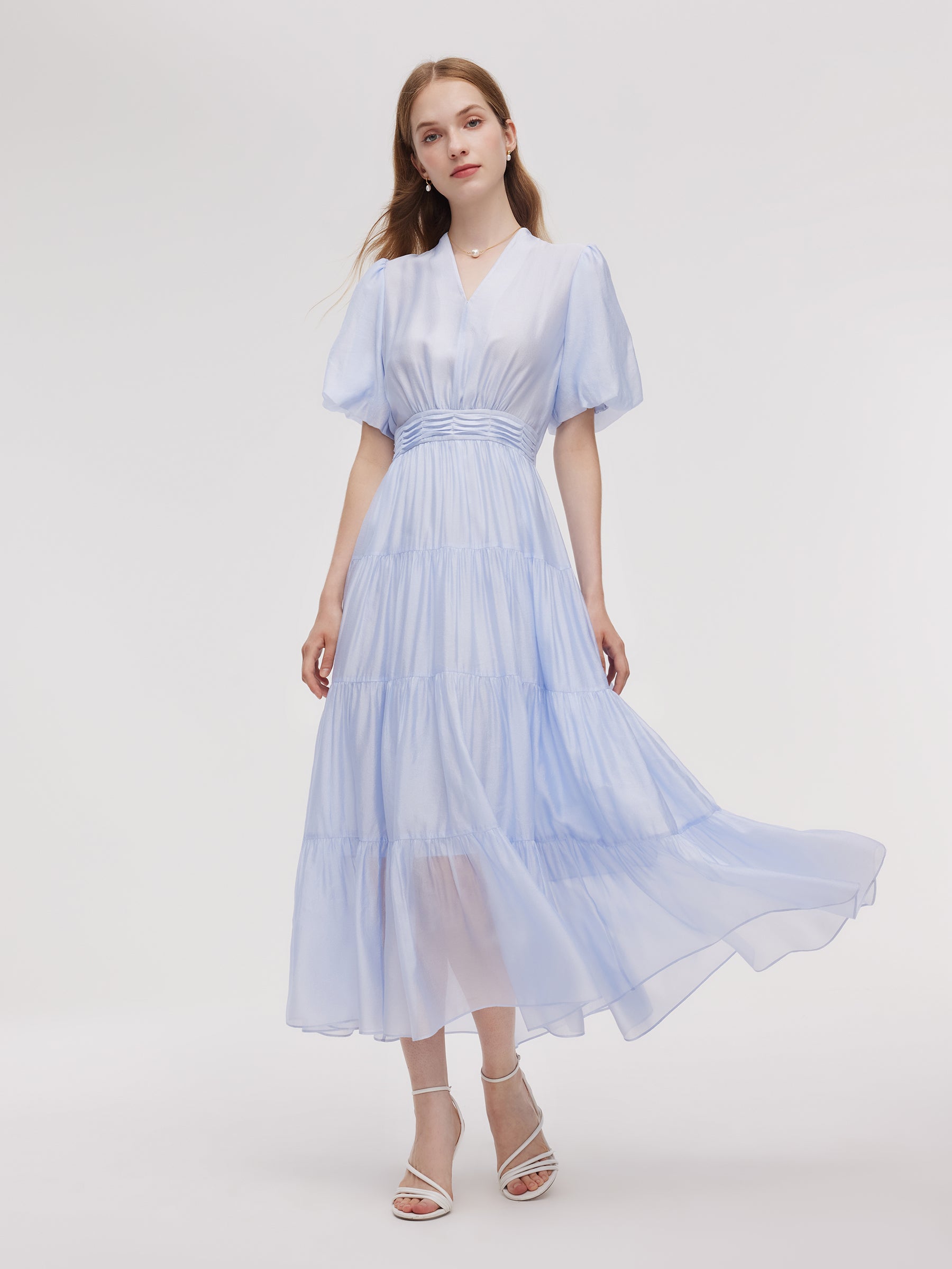 A-Line V-Neck Women Pleated Tiered Maxi Dress GOELIA