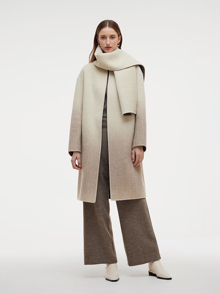 Wool Blend Gradient Reversible Women Overcoat With Scarf GOELIA
