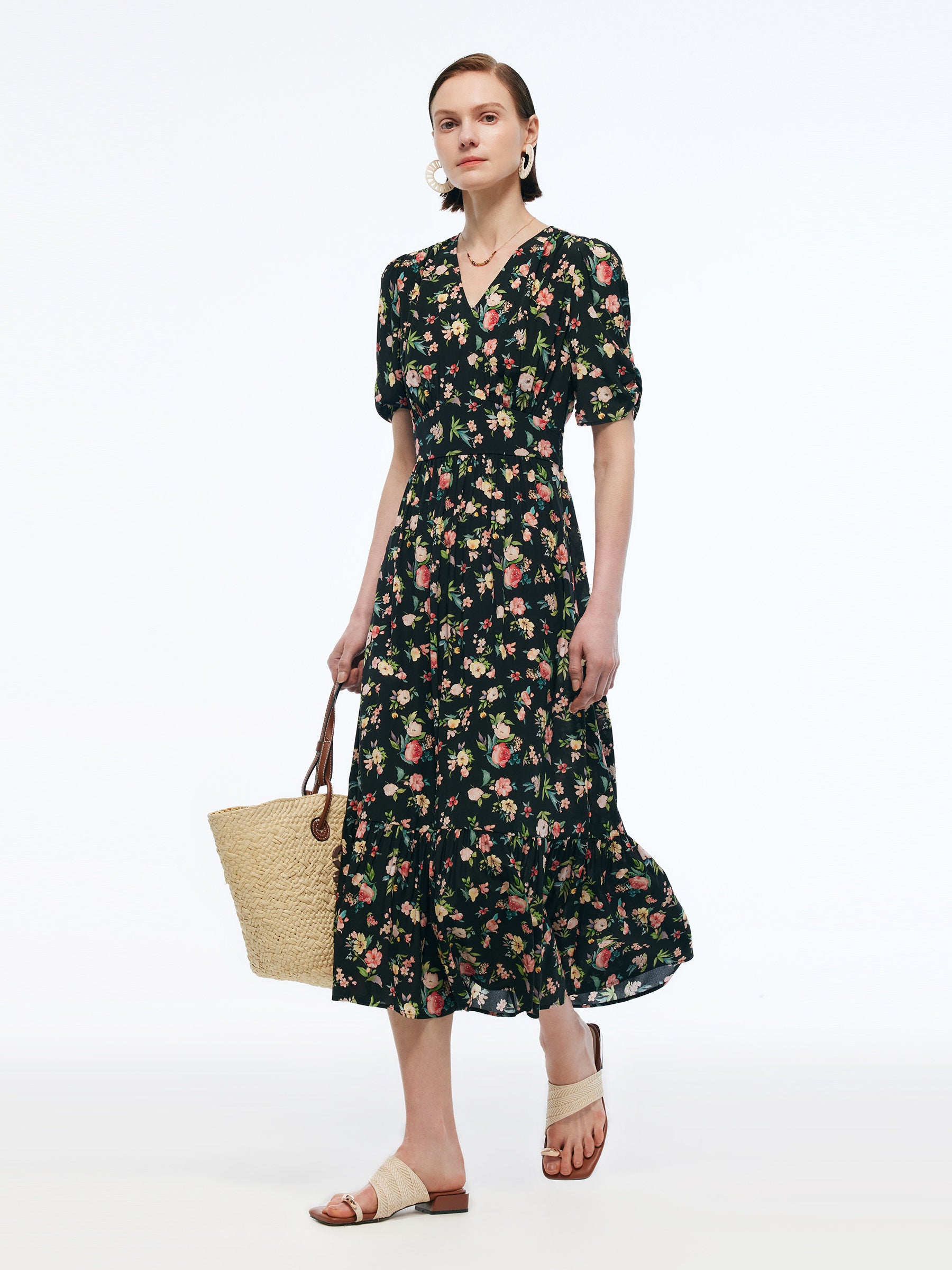 16MM Mulberry Silk Floral Print Women Puff Sleeve Maxi Dress GOELIA