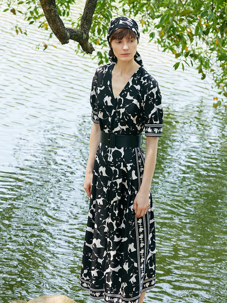 14 Momme Mulberry Silk Iris Printed Women Maxi Dress With Belt GOELIA