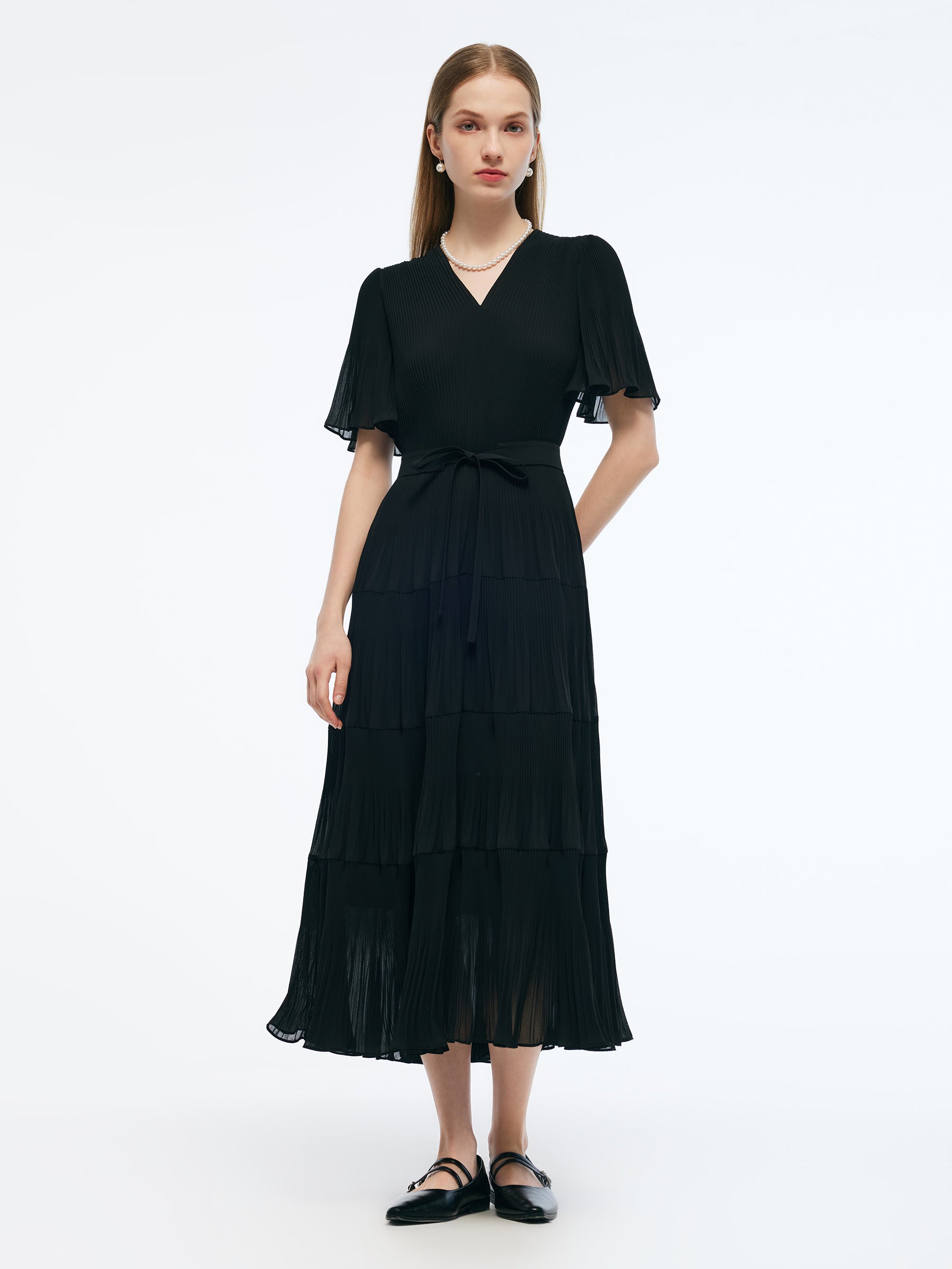 Pleated V-Neck Women A-Line Tie Belt Maxi Dress GOELIA