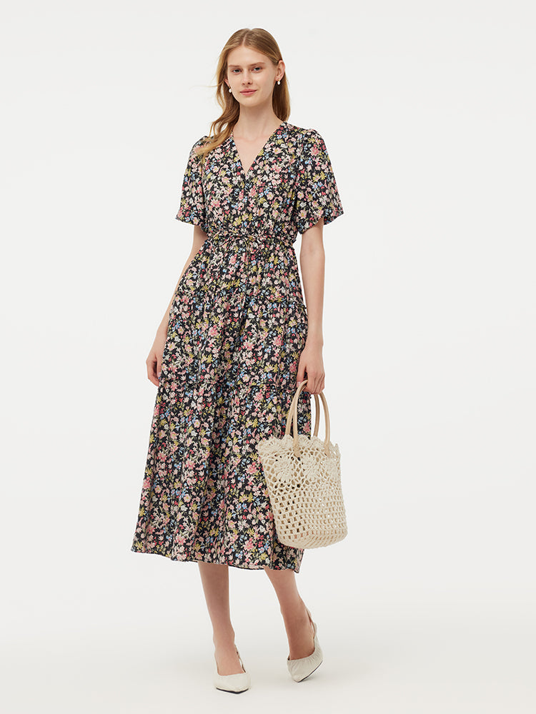 Cotton Puff Sleeve Drawstring Waist Floral Print Women Midi Dress GOELIA