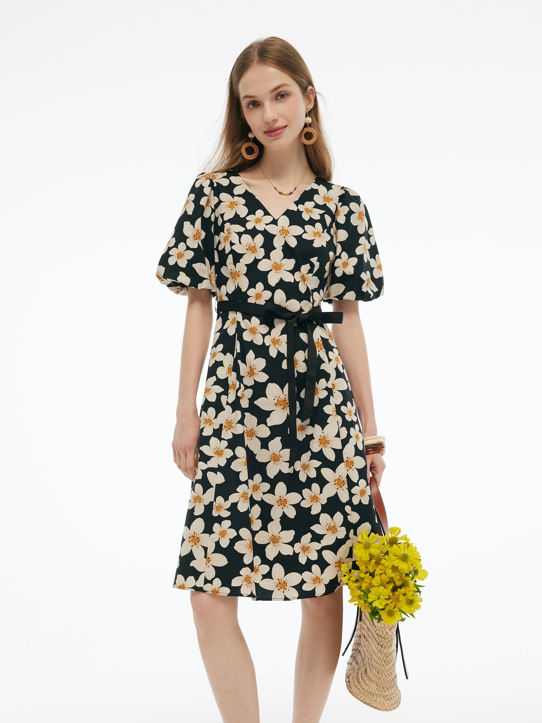 Cotton Stretch Floral Print Women Tie Belt Midi Dress GOELIA